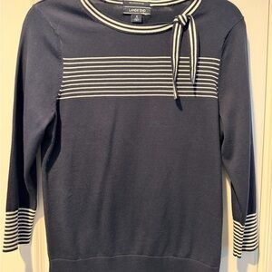Lands' End Navy Blue Sweater with White Stripe Accents and Darling Tie. Size S.